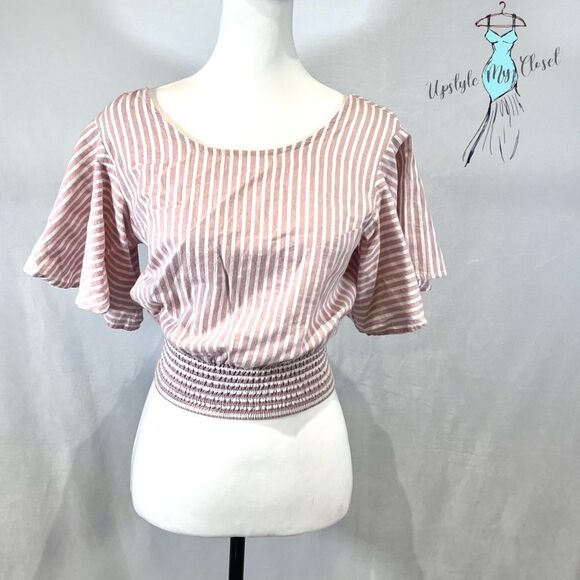 Japna 100% cotton pink blush and white striped smocked crop top size small - Picture 1 of 4